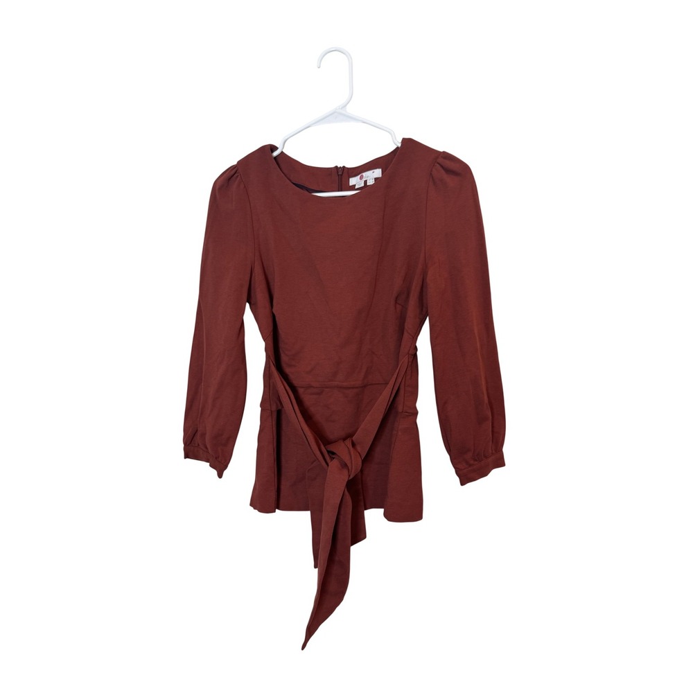 Boden Blouse Womens 4 Red Round Neck Tie Waist Long Sleeve Jersey Top Peplum
